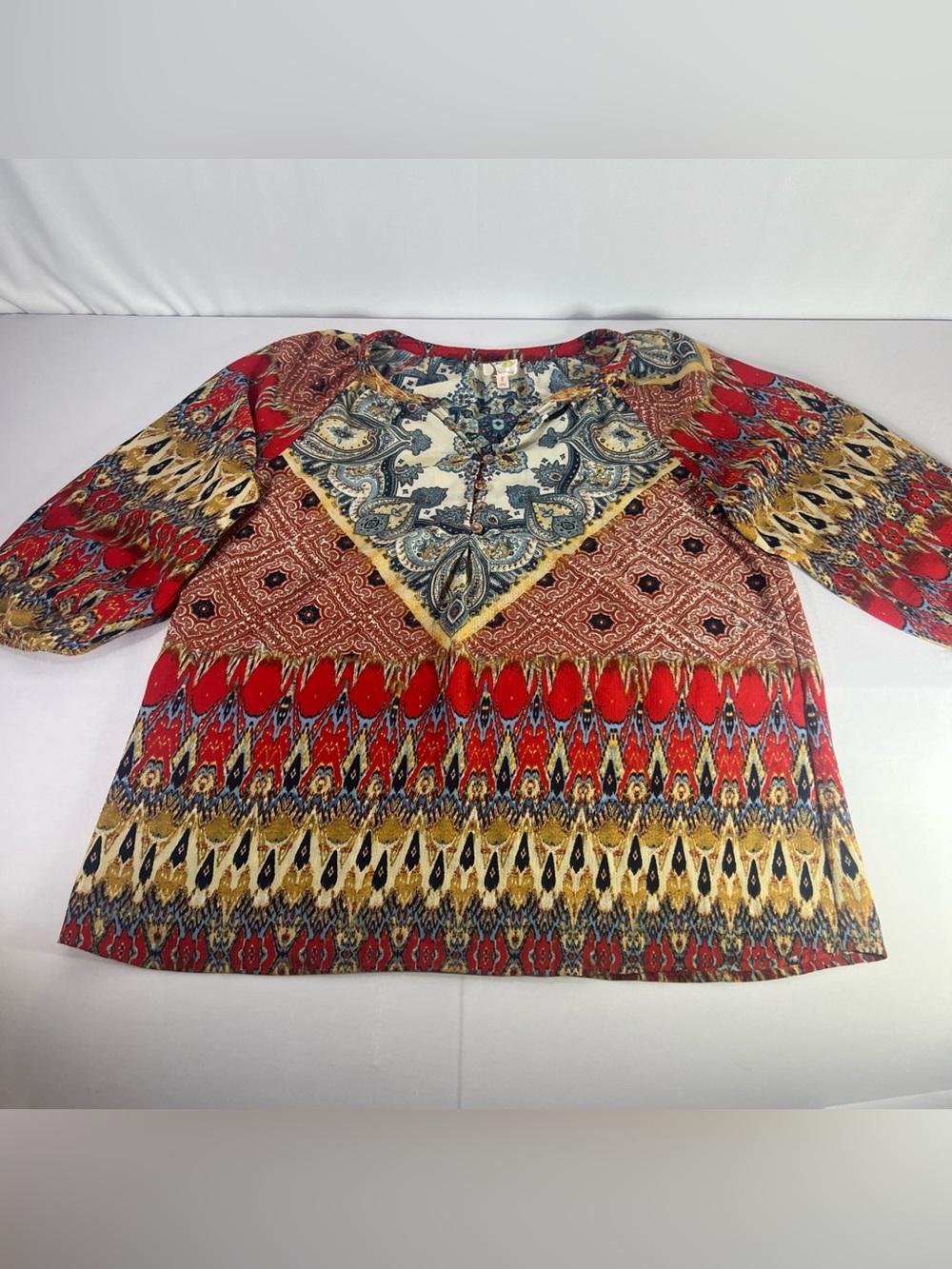 FIG + FLOWER Mixed Print Peasant Blouse Size L Boho Cottagecore Balloon Sleeve - Picture 2 of 8